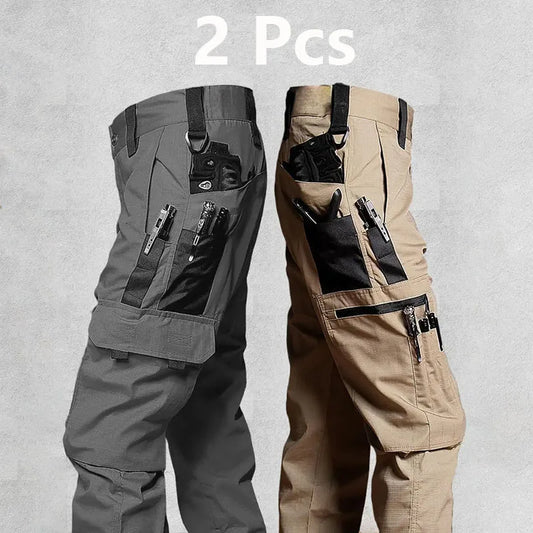 2Pcs Men's Tactical Outdoor Work Casual Cargo Trousers Waterproof Multi-Pocket Wear-Resistant