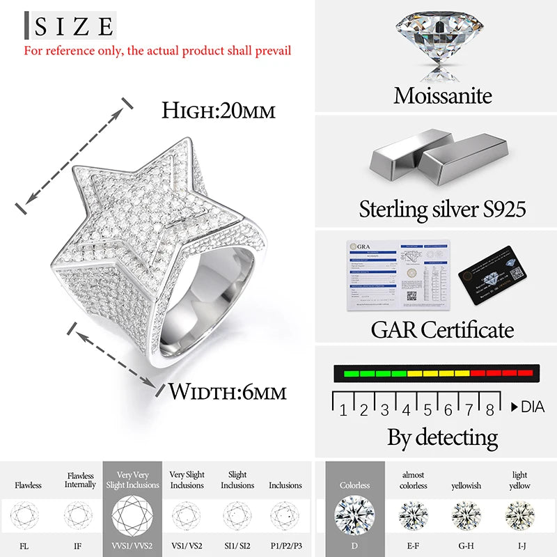 Fine Jewelry VVS1 With Certificate Moissanite Star Rings For Men 925 Sterling Silver