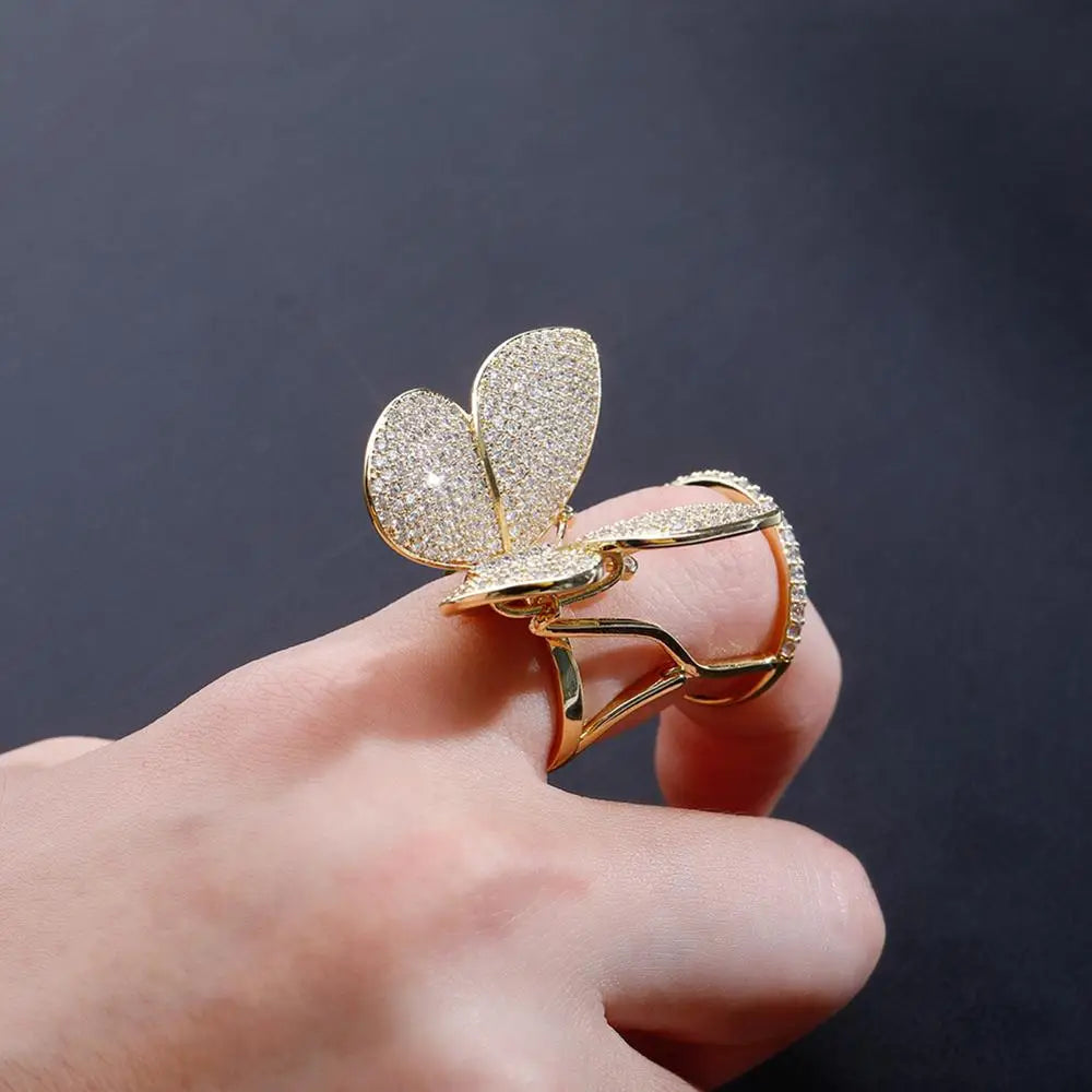 TOPGRILLZ Adjustable Butterfly Movable Wings Ring Cubic Zirconia