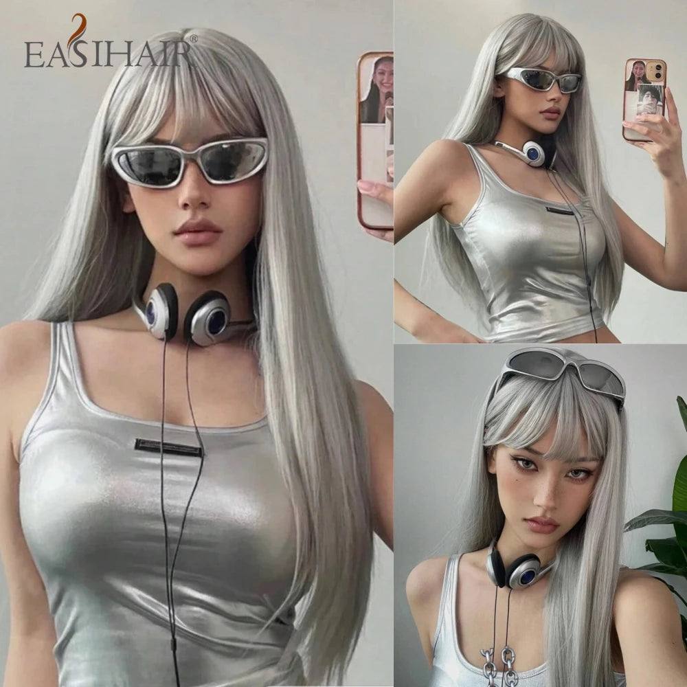 EASIHAIR Long Silky Straight Synthetic Wigs with Bangs Black Lolita Hairm, Natural Heat Resistant Wig