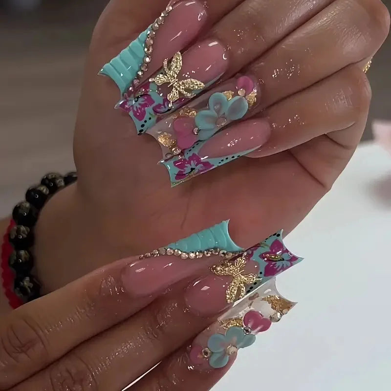 24pcs Y2k Colorful French Long Square 3D Flowers Butterfly Pearl Diamond Nails