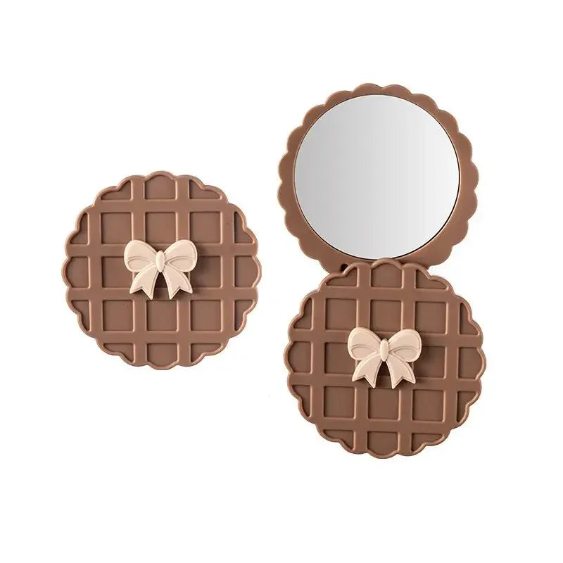 1PCS Waffle Shape Slide Double-Sided Makeup Mirror, Portable Compact Pocket Hand Personalized Beauty Cosmetic Mirror,