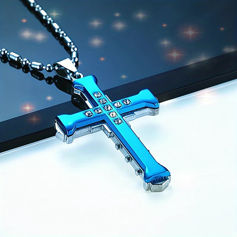 1PC/ Titanium Alloy Cross Pendant Necklace Inlaid with Zircon