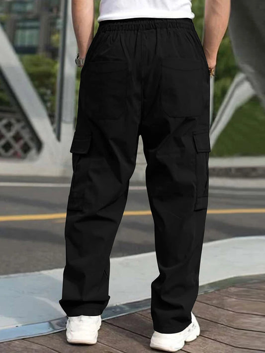 Men's Loose Cargo Pants, Drawstring Waist Straight Leg Pants with Pockets