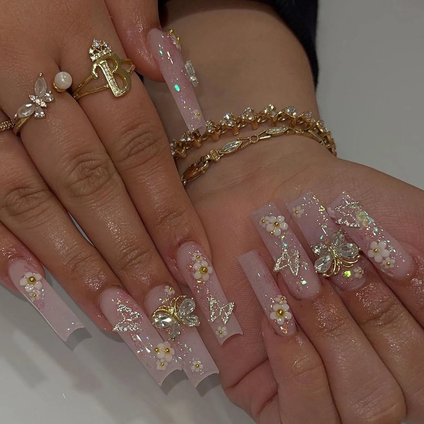 Rhinestone Embellished White Long Square UV Gel Nails