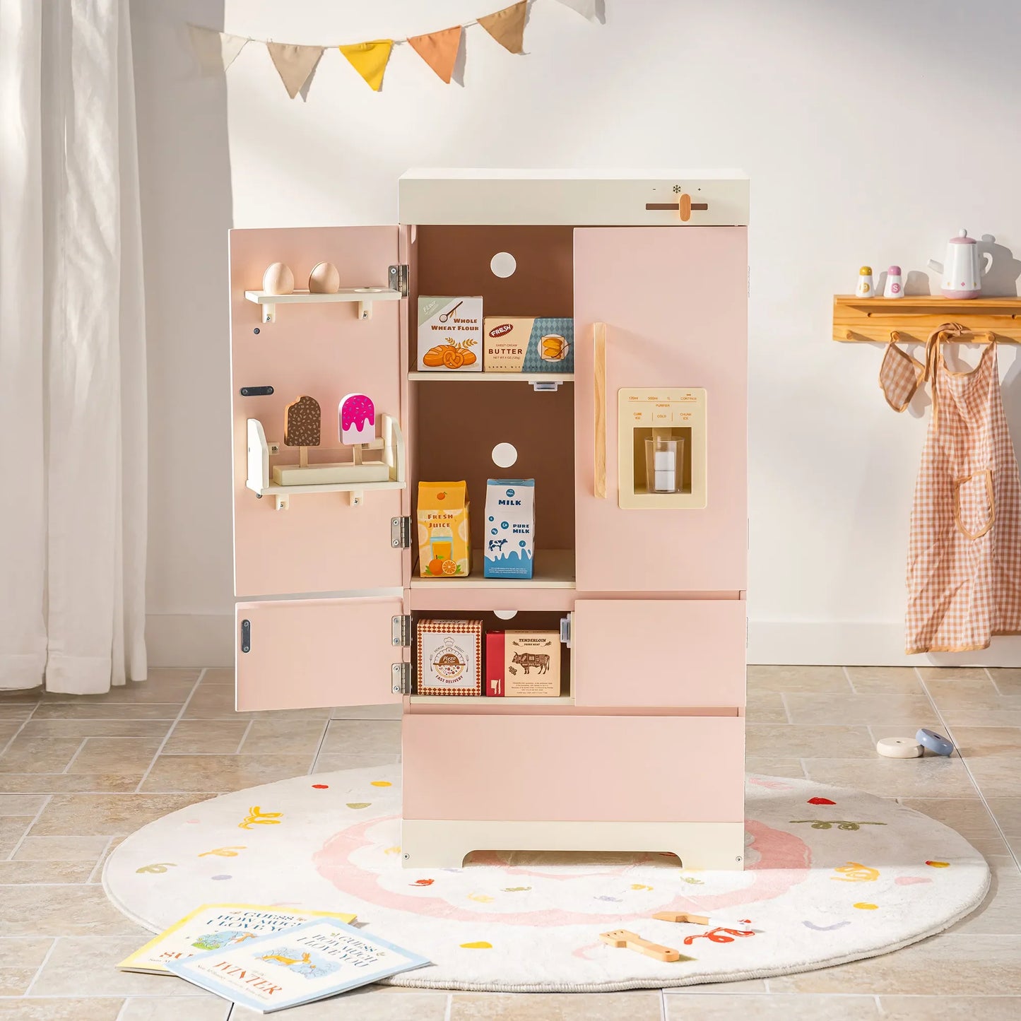 Robotime Robud Kids Corner Kitchen Playset, Wooden Play Kitchen Set with Realistic Sound for Boys and Girls, Pink