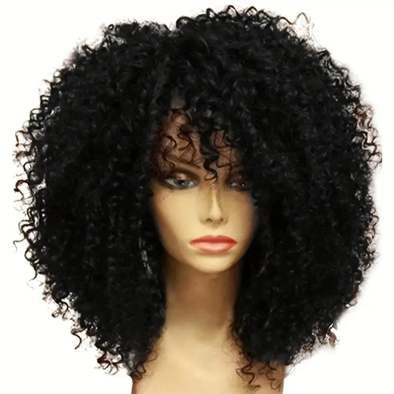 16 Inch Afro Kinky Curly Hair Wigs With Bangs, Soft Fluffy Synthetic Fiber, None Lace Wigs