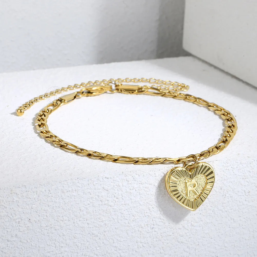 5mm Heart-Shaped Initial A Z Letter Charm Anklet for Women, Gold-Plated Stainless-Steel Figaro Link Chain