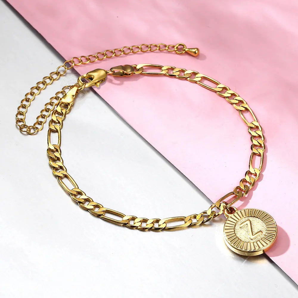 New 5mm Gold Color Initial Letter Pendant Charm Stainless Steel Figaro Chain Anklet Bracelet For Women Girls Jewelry