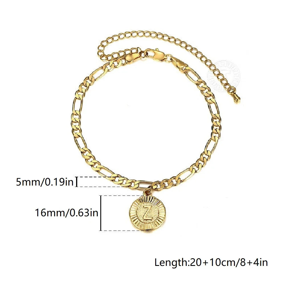 New 5mm Gold Color Initial Letter Pendant Charm Stainless Steel Figaro Chain Anklet Bracelet For Women Girls Jewelry