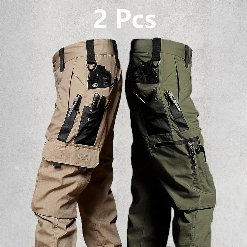 2Pcs Men's Tactical Outdoor Work Casual Cargo Trousers Waterproof Multi-Pocket Wear-Resistant