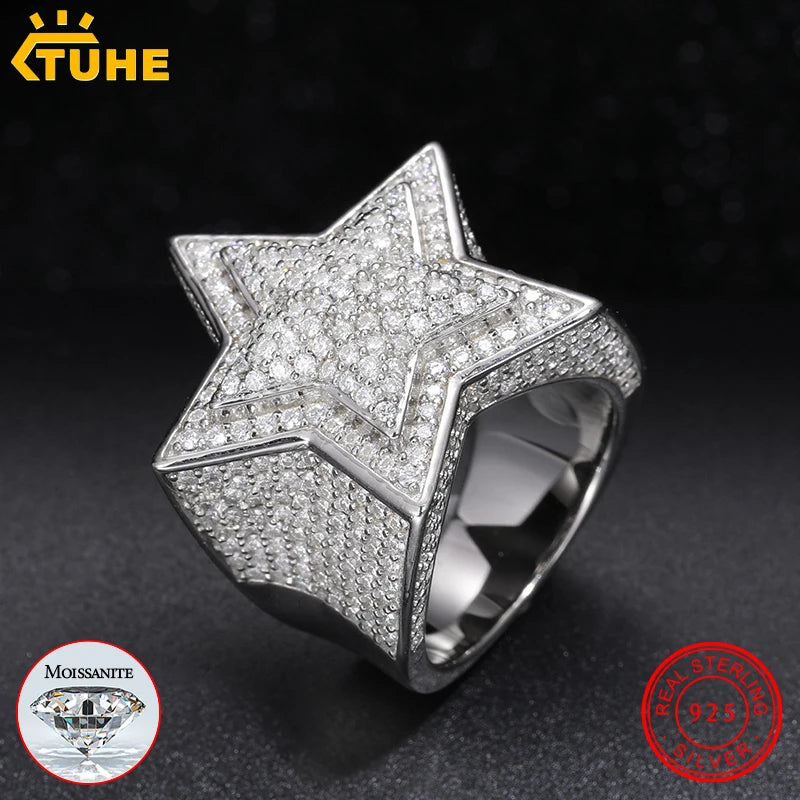 Fine Jewelry VVS1 With Certificate Moissanite Star Rings For Men 925 Sterling Silver