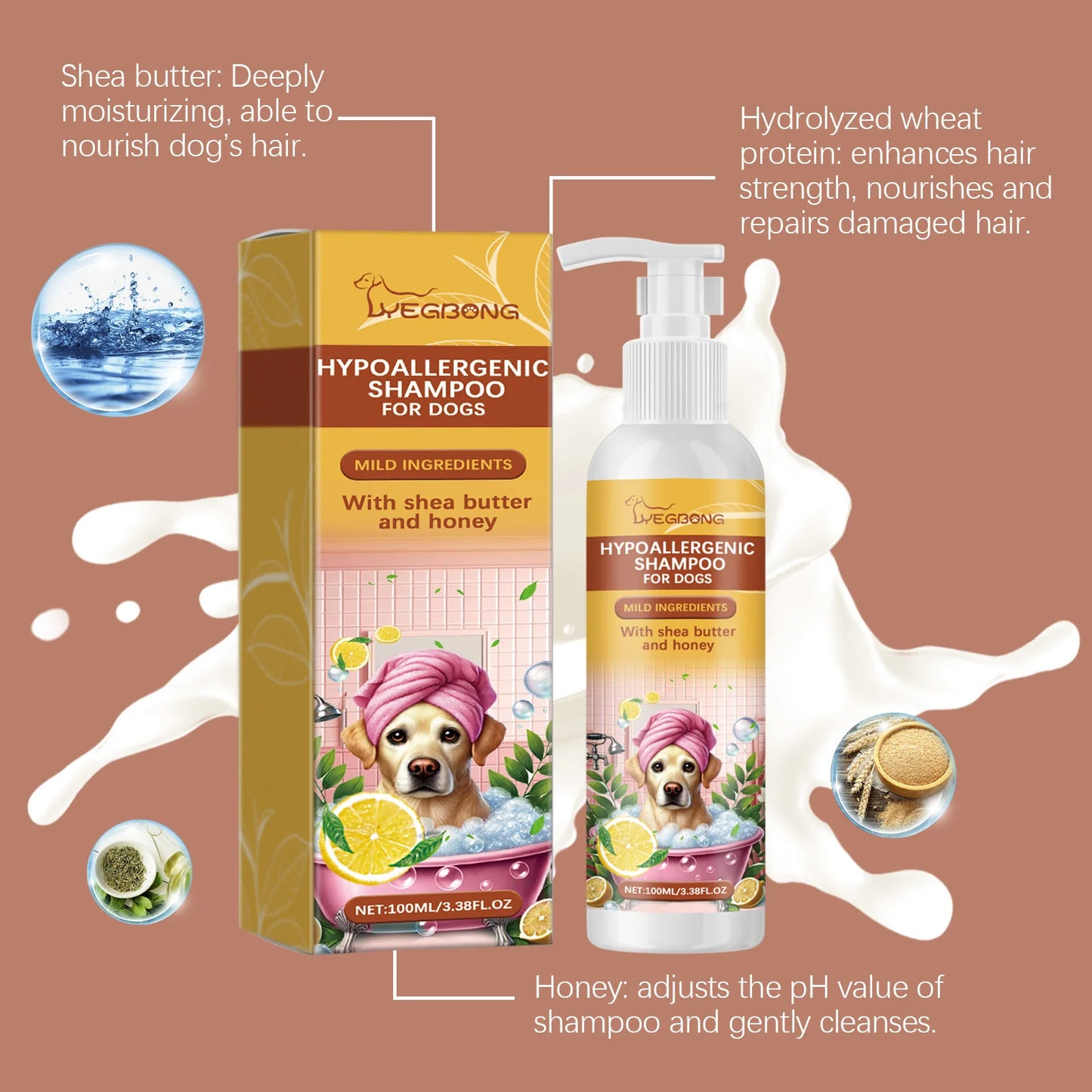 Yegbong 100ml Pet Shampoo, Dog Shampoo Hypoallergenic Bath Wash Hair Soften, Itchy Skin Relief, Nourish Fur.