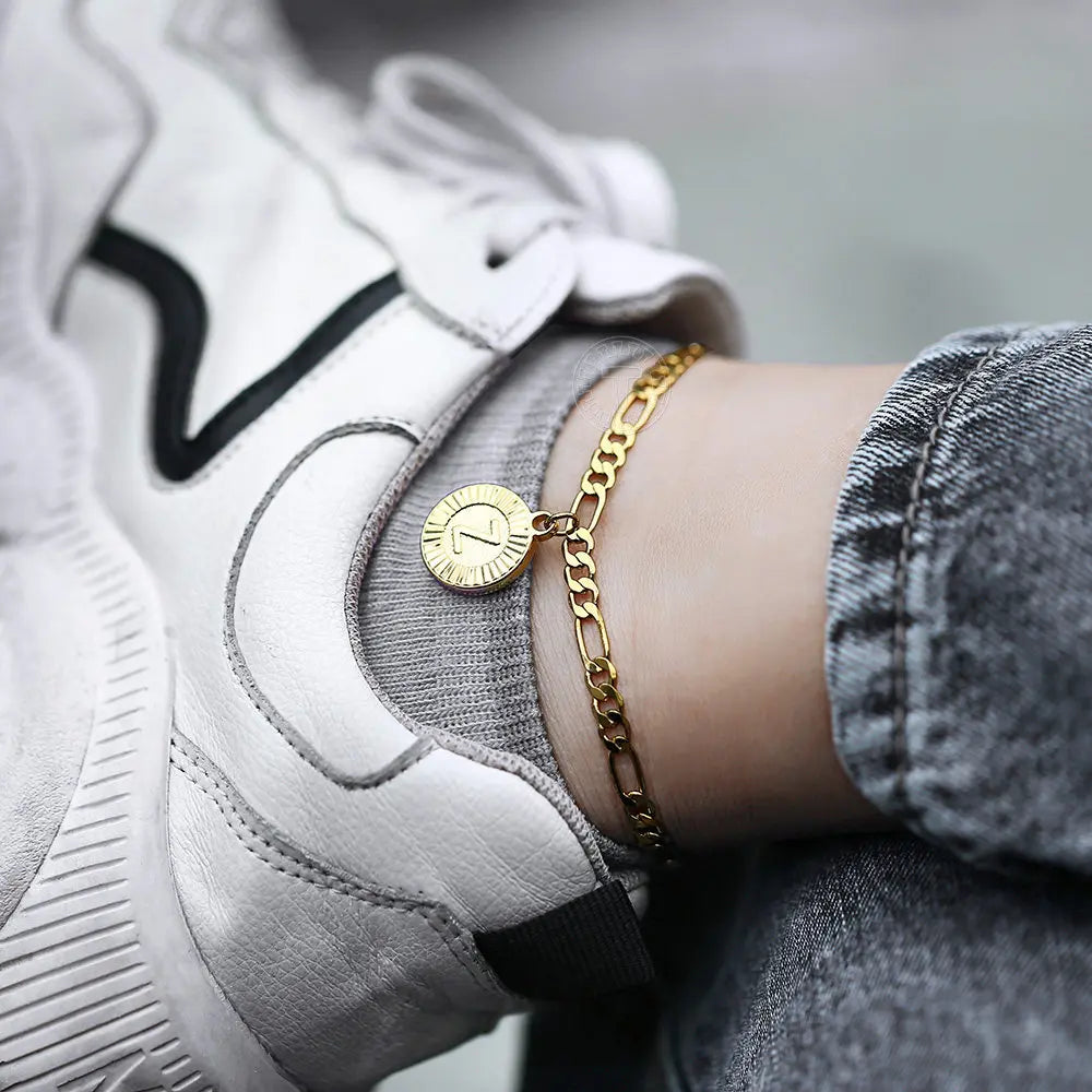 New 5mm Gold Color Initial Letter Pendant Charm Stainless Steel Figaro Chain Anklet Bracelet For Women Girls Jewelry