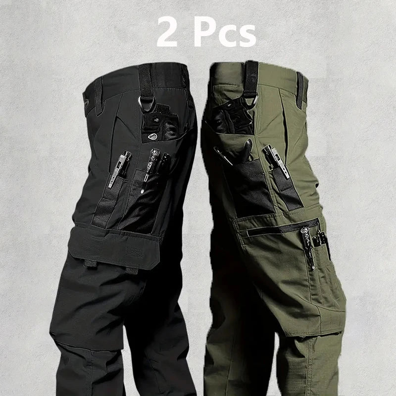 2Pcs Men's Tactical Outdoor Work Casual Cargo Trousers Waterproof Multi-Pocket Wear-Resistant