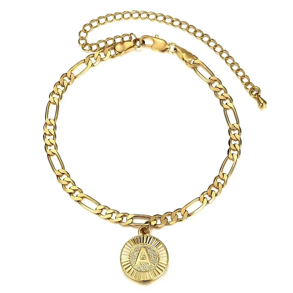 New 5mm Gold Color Initial Letter Pendant Charm Stainless Steel Figaro Chain Anklet Bracelet For Women Girls Jewelry