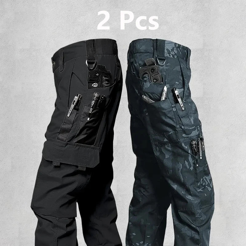 2Pcs Men's Tactical Outdoor Work Casual Cargo Trousers Waterproof Multi-Pocket Wear-Resistant