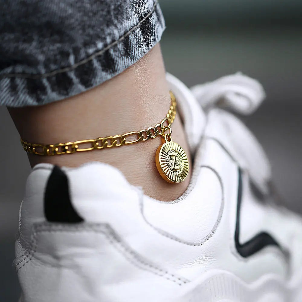 New 5mm Gold Color Initial Letter Pendant Charm Stainless Steel Figaro Chain Anklet Bracelet For Women Girls Jewelry
