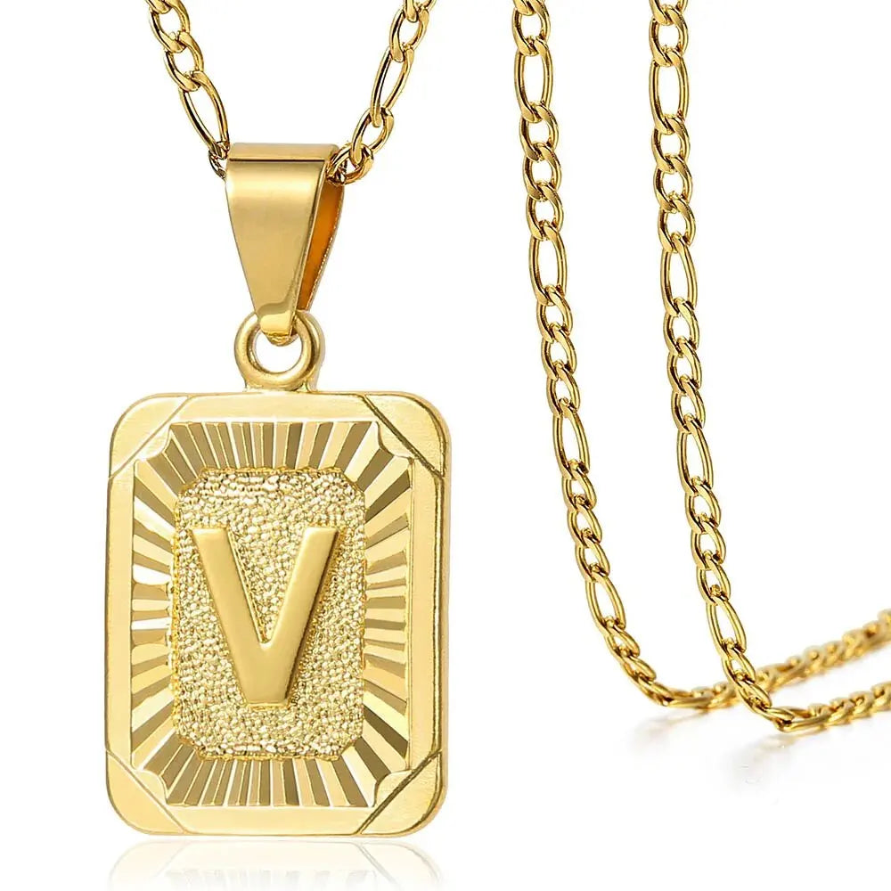 2 Sets Gold Color Letter Pendant Figaro Necklace Africa Map Chain Stainless Steel Link