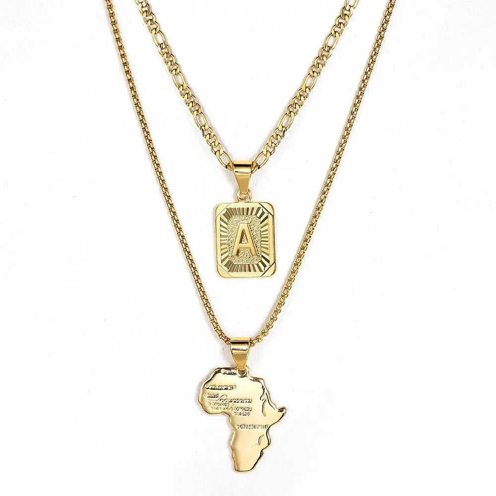 2 Sets Gold Color Letter Pendant Figaro Necklace Africa Map Chain Stainless Steel Link