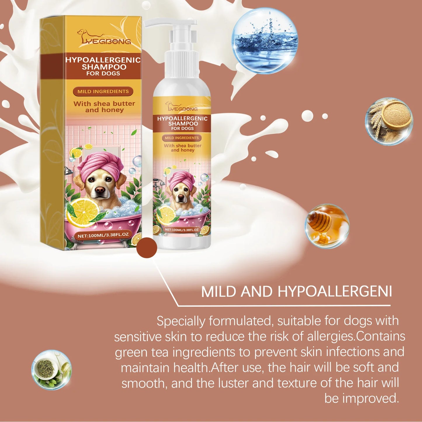Yegbong 100ml Pet Shampoo, Dog Shampoo Hypoallergenic Bath Wash Hair Soften, Itchy Skin Relief, Nourish Fur.