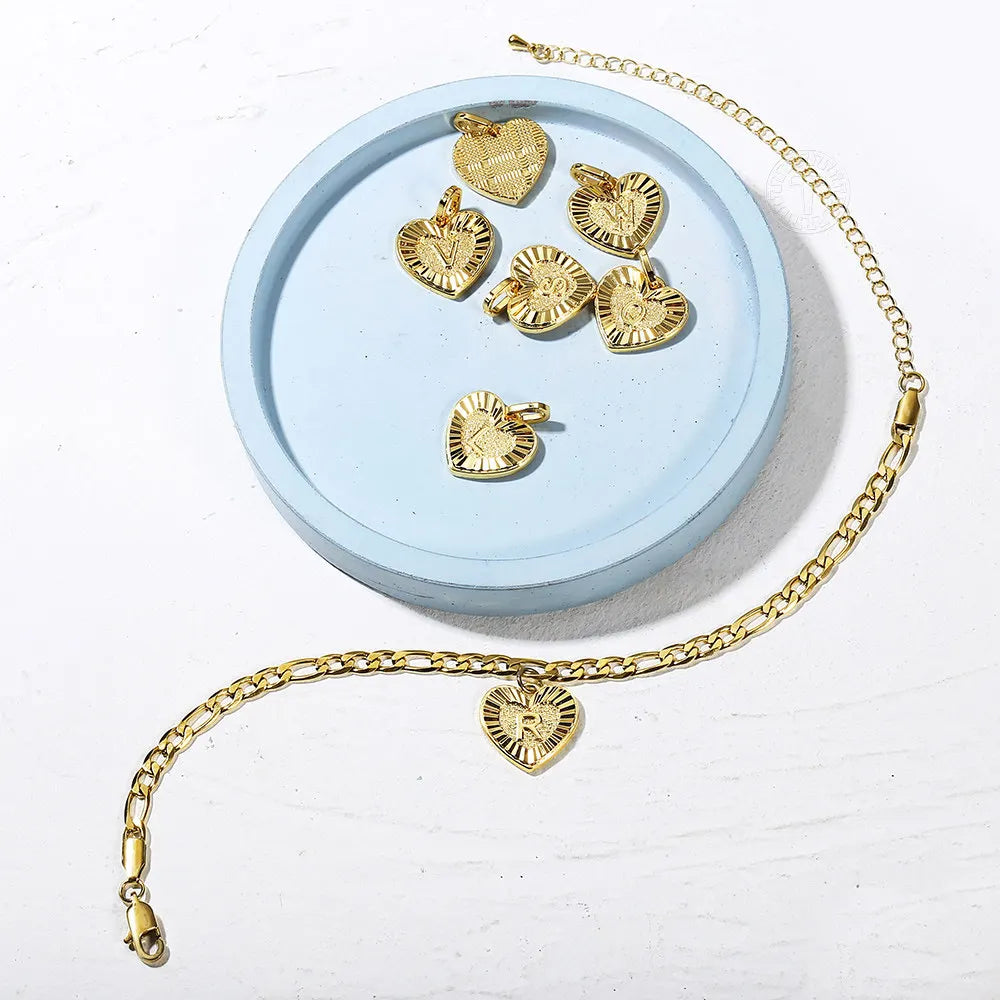 5mm Heart-Shaped Initial A Z Letter Charm Anklet for Women, Gold-Plated Stainless-Steel Figaro Link Chain