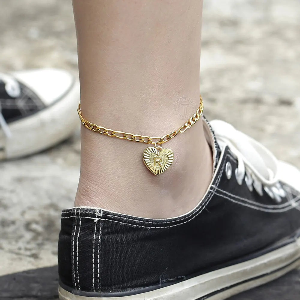 5mm Heart-Shaped Initial A Z Letter Charm Anklet for Women, Gold-Plated Stainless-Steel Figaro Link Chain