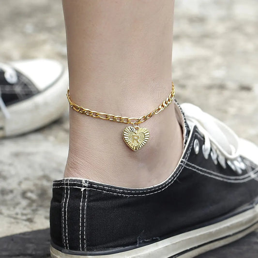 5mm Heart-Shaped Initial A Z Letter Charm Anklet for Women, Gold-Plated Stainless-Steel Figaro Link Chain