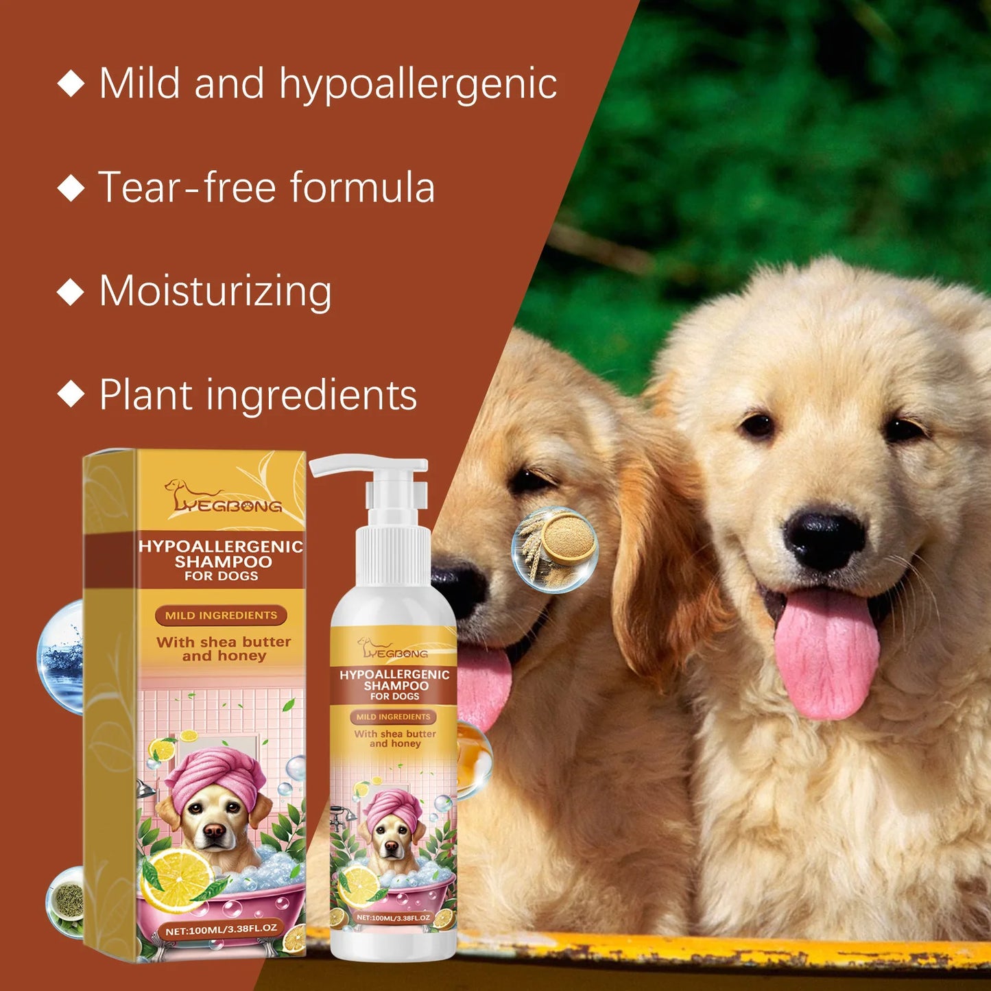 Yegbong 100ml Pet Shampoo, Dog Shampoo Hypoallergenic Bath Wash Hair Soften, Itchy Skin Relief, Nourish Fur.