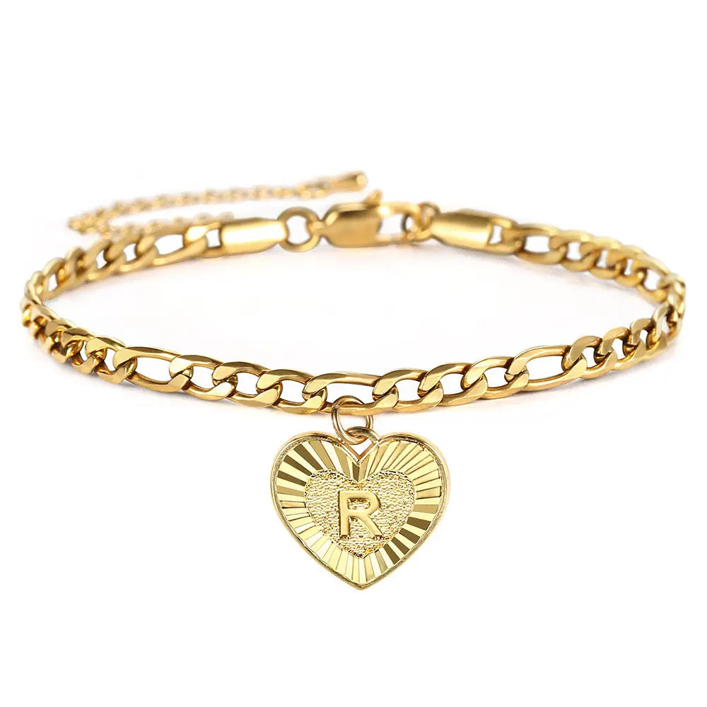 5mm Heart-Shaped Initial A Z Letter Charm Anklet for Women, Gold-Plated Stainless-Steel Figaro Link Chain