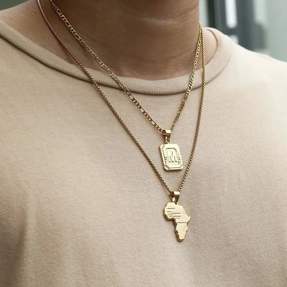 2 Sets Gold Color Letter Pendant Figaro Necklace Africa Map Chain Stainless Steel Link