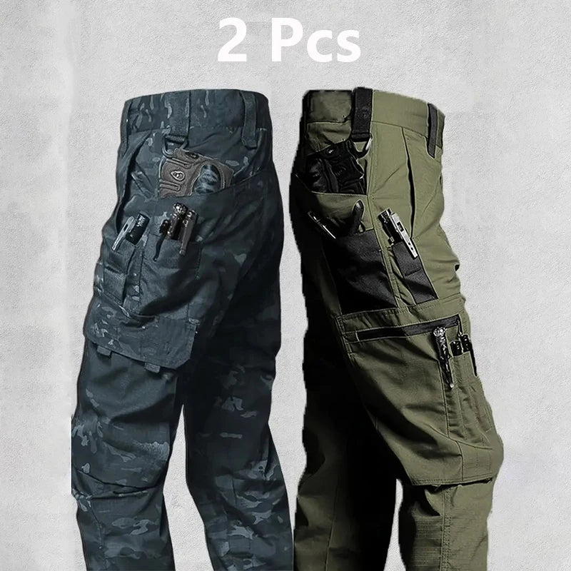 2Pcs Men's Tactical Outdoor Work Casual Cargo Trousers Waterproof Multi-Pocket Wear-Resistant