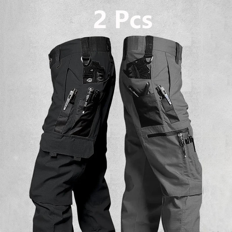 2Pcs Men's Tactical Outdoor Work Casual Cargo Trousers Waterproof Multi-Pocket Wear-Resistant