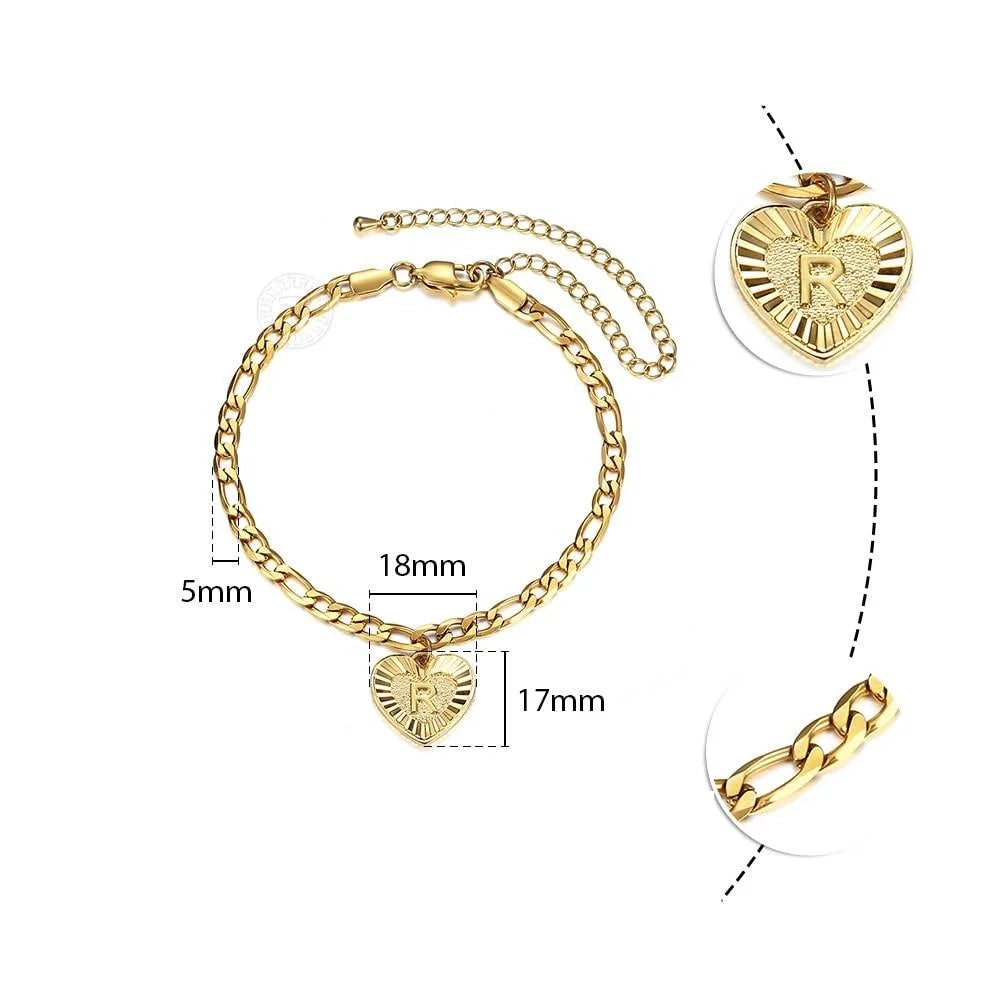 5mm Heart-Shaped Initial A Z Letter Charm Anklet for Women, Gold-Plated Stainless-Steel Figaro Link Chain
