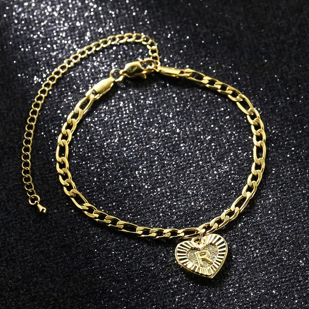 5mm Heart-Shaped Initial A Z Letter Charm Anklet for Women, Gold-Plated Stainless-Steel Figaro Link Chain