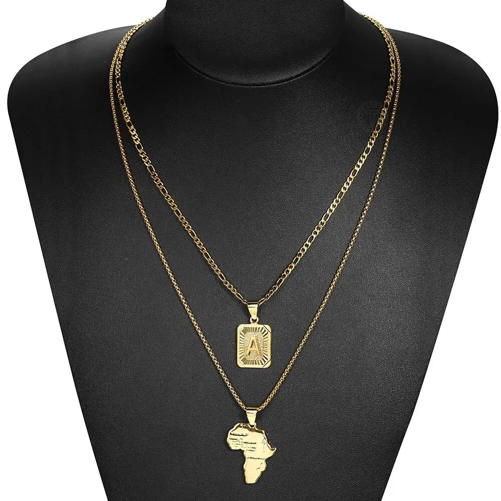 2 Sets Gold Color Letter Pendant Figaro Necklace Africa Map Chain Stainless Steel Link