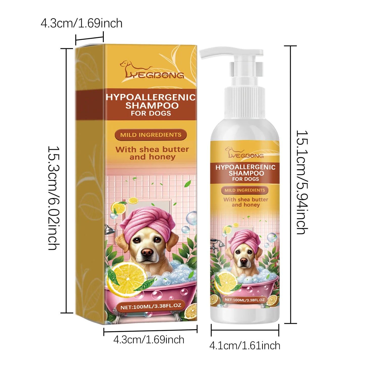 Yegbong 100ml Pet Shampoo, Dog Shampoo Hypoallergenic Bath Wash Hair Soften, Itchy Skin Relief, Nourish Fur.