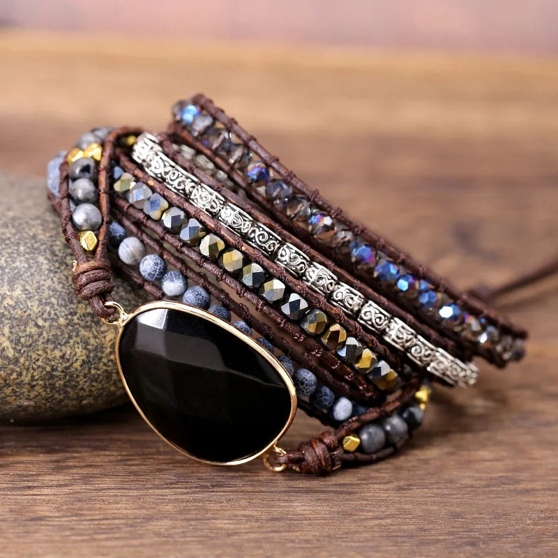 Exclusive Leather, Black Onyx Mix 5 Strands women/men Wrap Bracelet