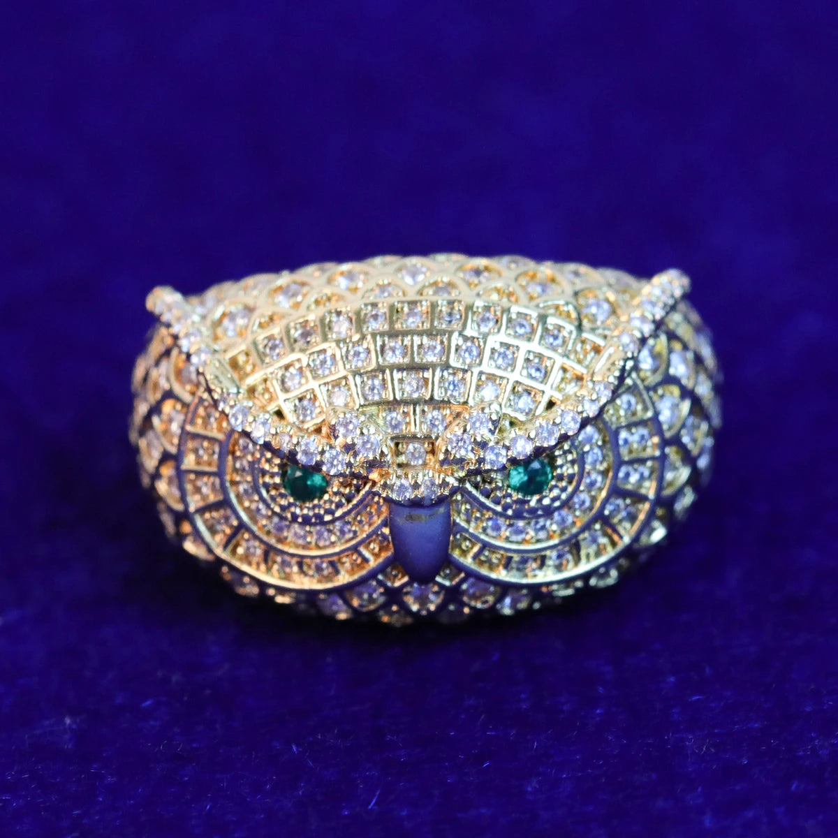 Bubble Letter Owl Iced Out Ring Men Real Gold-Plated Brass Cubic Zircon