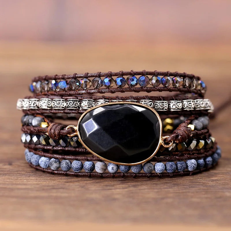 Exclusive Leather, Black Onyx Mix 5 Strands women/men Wrap Bracelet