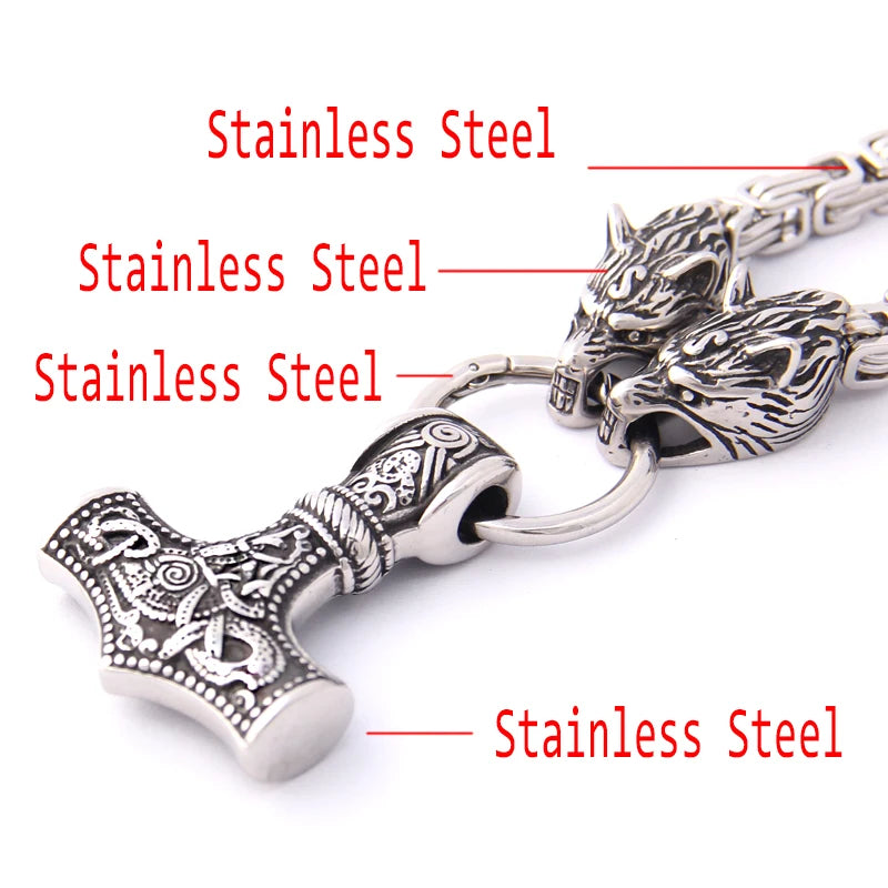 Viking Thor hammer pendant necklace, titanium steel wolf head chain necklace
