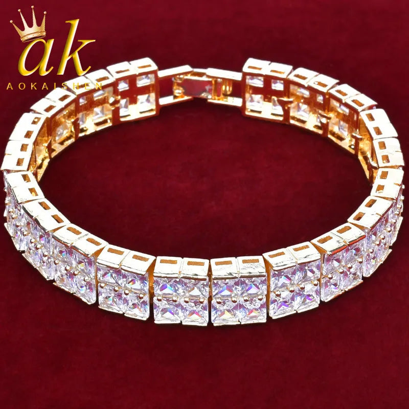 Men's Aokaishen Baguette Tennis Bracelet, 8-inch Iced Out, Real Gold Plated