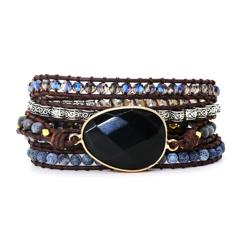 Exclusive Leather, Black Onyx Mix 5 Strands women/men Wrap Bracelet