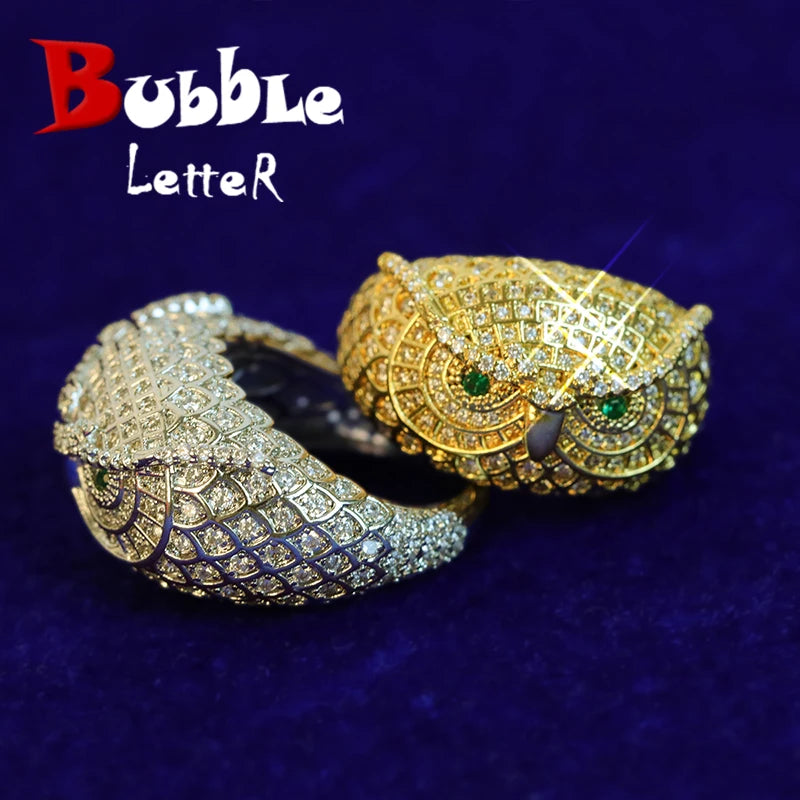 Bubble Letter Owl Iced Out Ring Men Real Gold-Plated Brass Cubic Zircon
