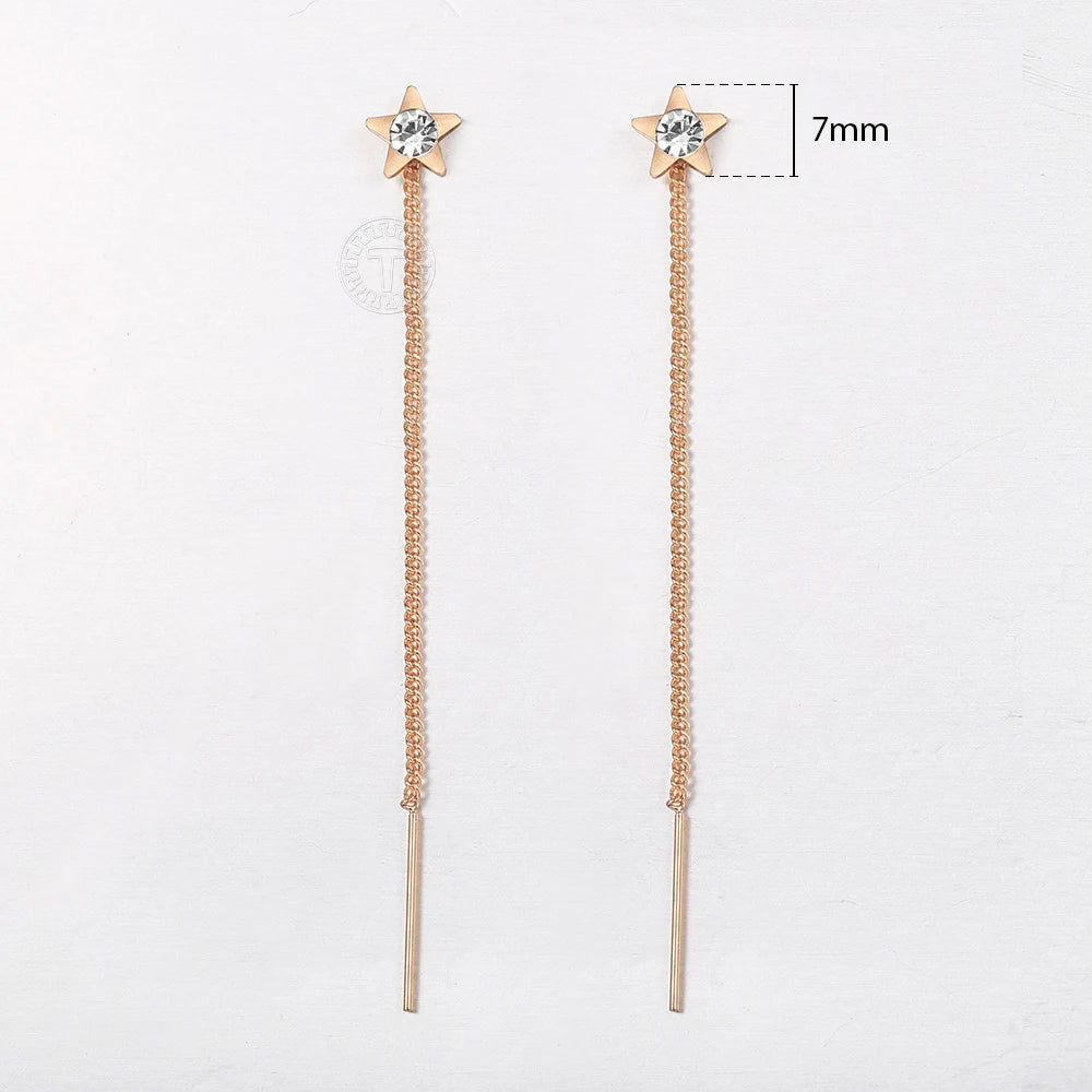 585 Rose Gold Color Long-Chain Drop Earrings for Women/Girls Star CZ DGE345