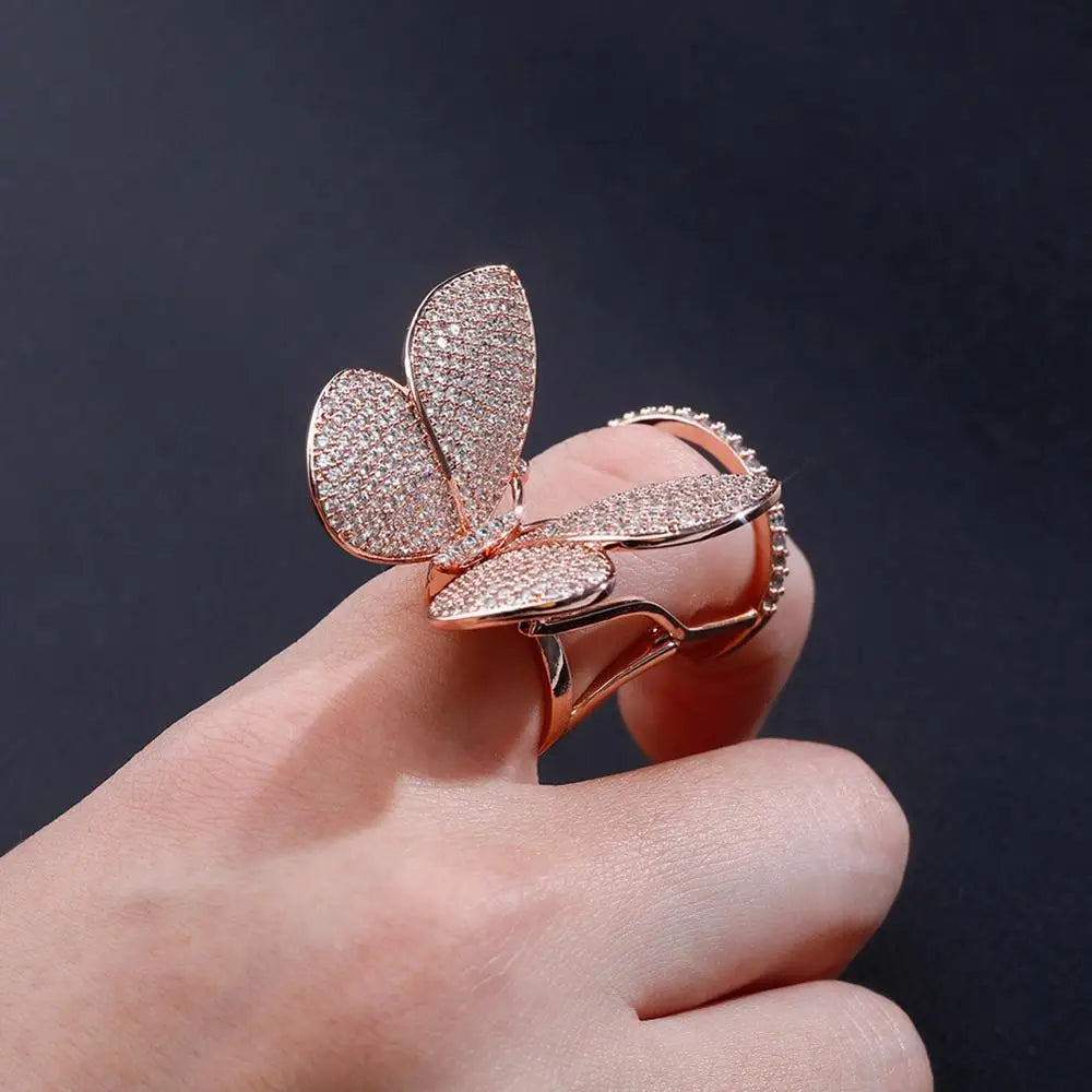 TOPGRILLZ Adjustable Butterfly Movable Wings Ring Cubic Zirconia
