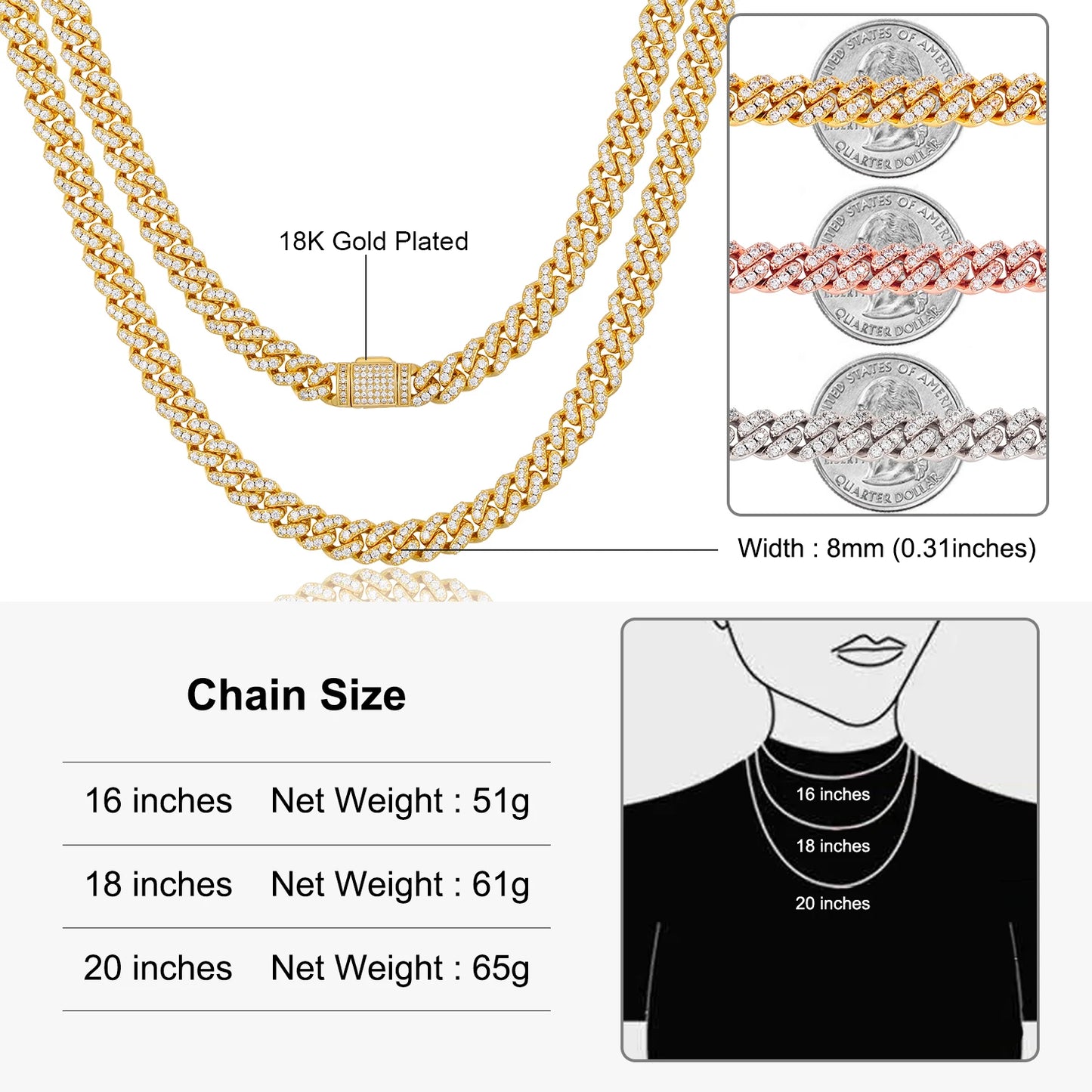 6mm 8mm Width Miami Cuban Chain Necklace For Women/Men's