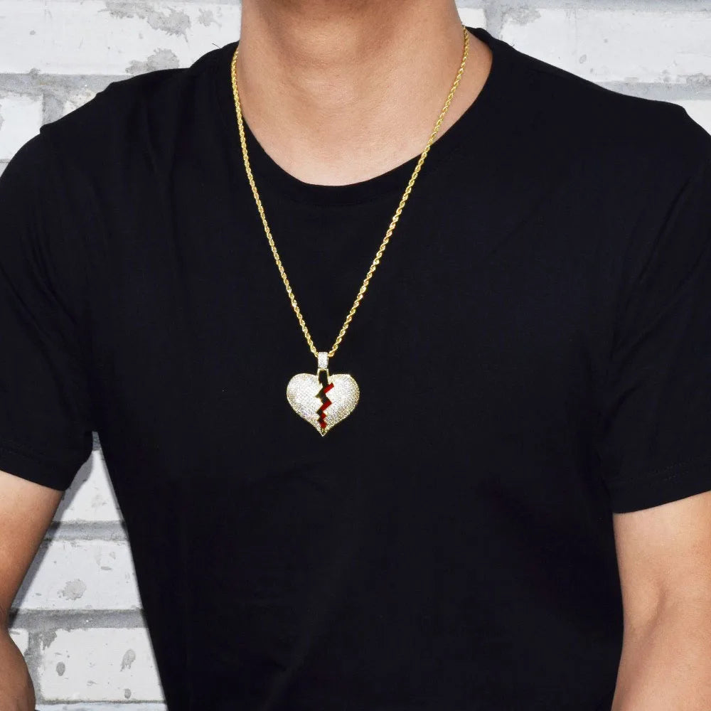 Bubble Letter Broken Heart Necklace & Pendant Charms for Men Real Gold Plated