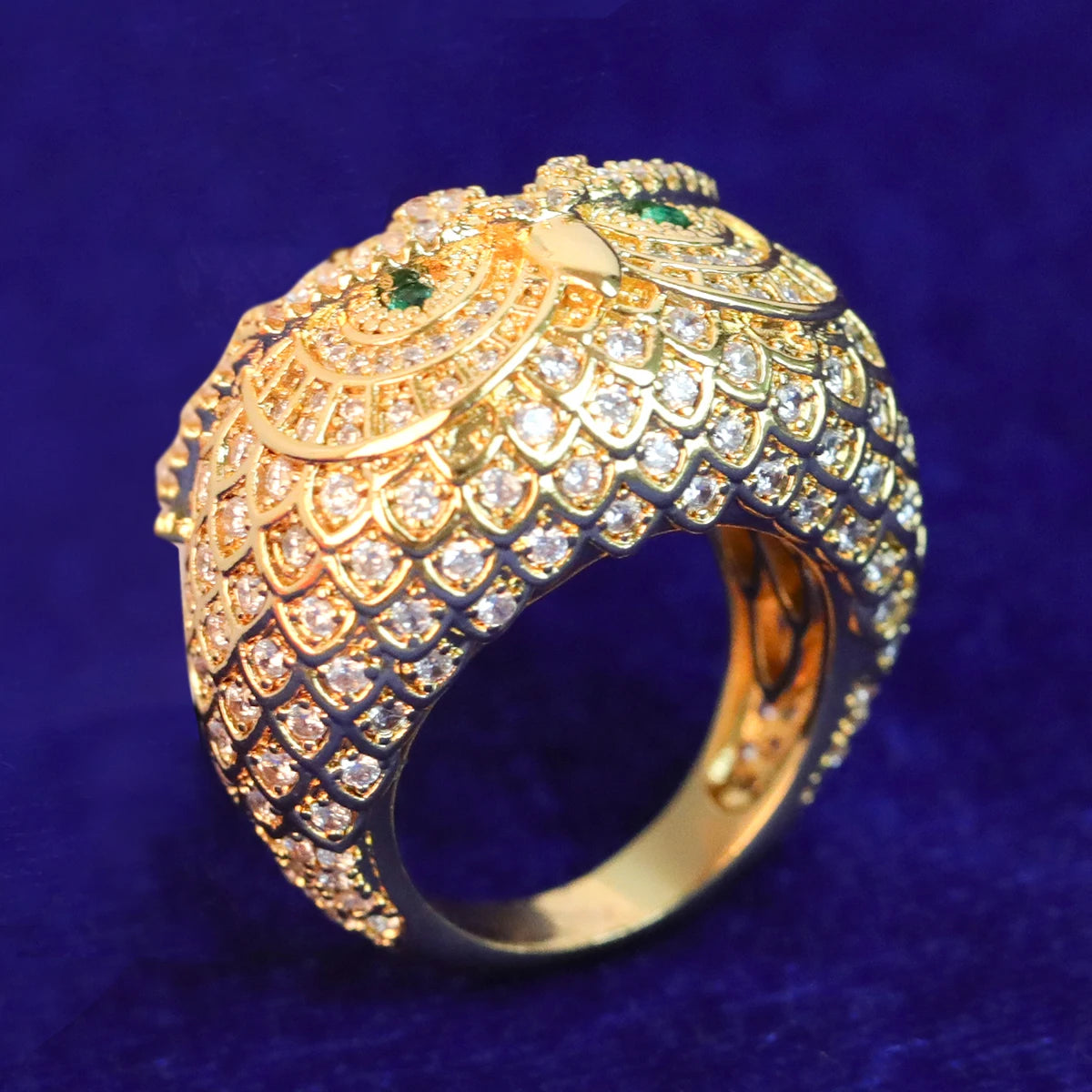 Bubble Letter Owl Iced Out Ring Men Real Gold-Plated Brass Cubic Zircon
