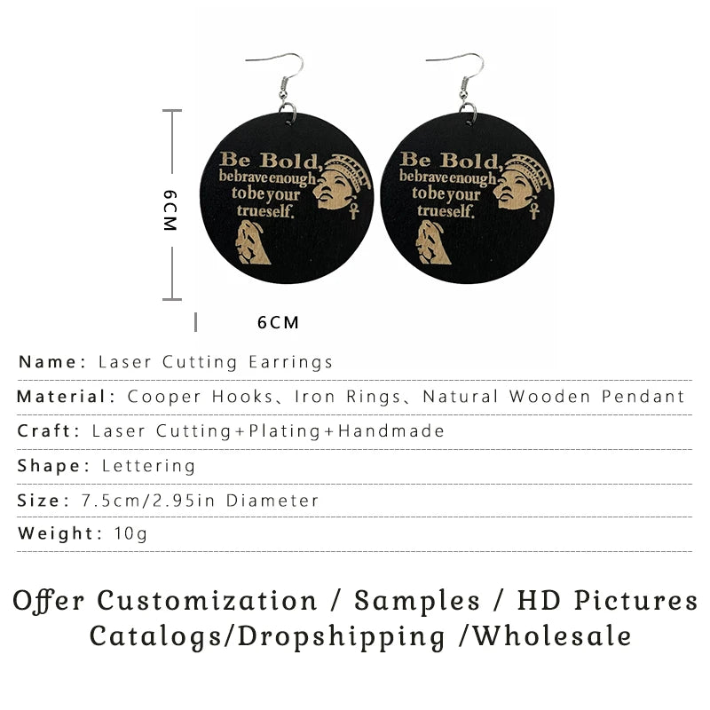 SOMESOOR Inspired Words Engraved African Wooden Drop Earrings For Women
